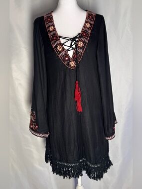 Embroidered Black Boho Tassel Dress